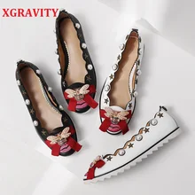 Xgravity Baru Musim Gugur Busana Kasual Wanita Lipstik Flat Wanita Logam Lebah Bintang Mutiara Pada Sepatu Datar Wanita Sepatu A2001(China)