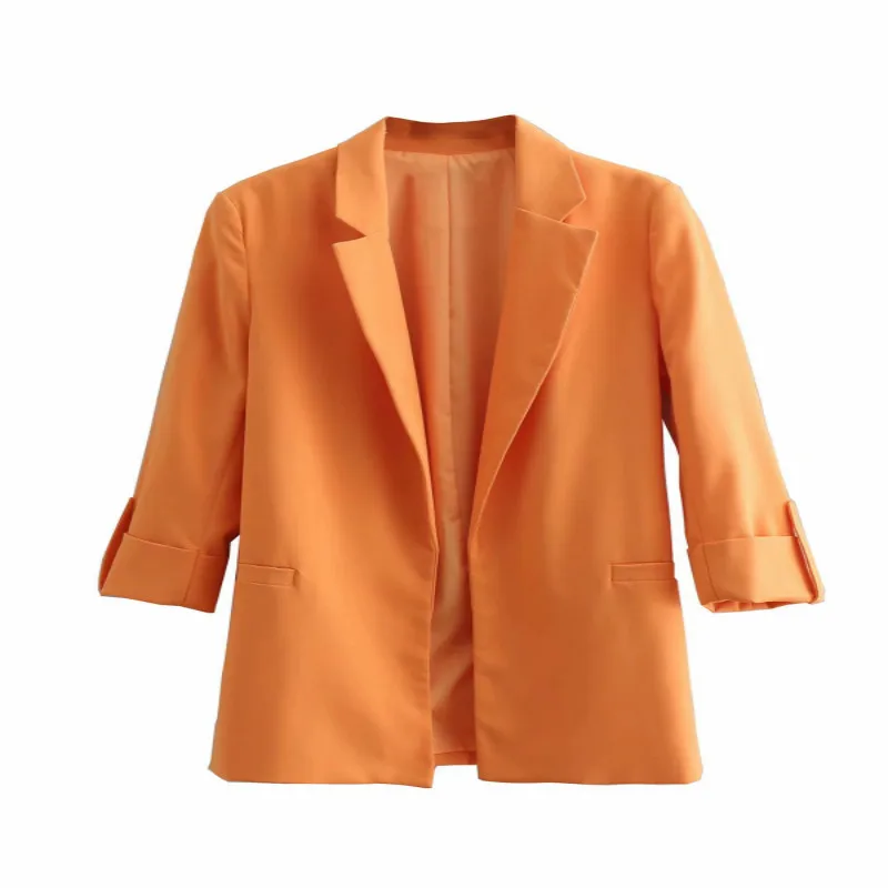 

Women's blazer spring new style European and American style candy-colored sleeves curled buttonless lapel blazer female