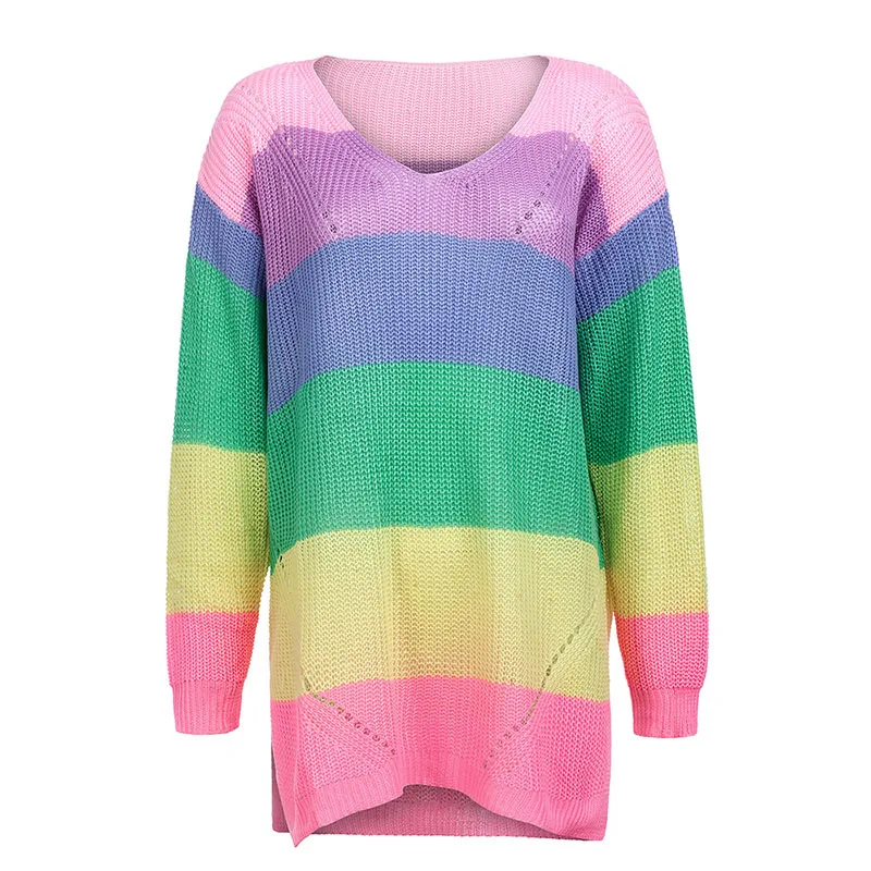 Fitshinling Радуга полосатый длинный свитер Femme Pull V шеи приталенные пуловеры осень зима свитера с длинными рукавами женские джемперы распродажа - Цвет: pink