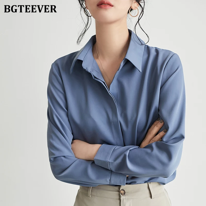  BGTEEVER 2019 Autumn Full Sleeve Chiffon Shirts Women OL White Shirts Women Blouse Lapel Single-bre