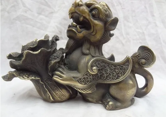 YM 318 10" Chinese Bronze FengShui Cabbage Coin RuYi PiXiu Lion Unicorn Kylin Statue