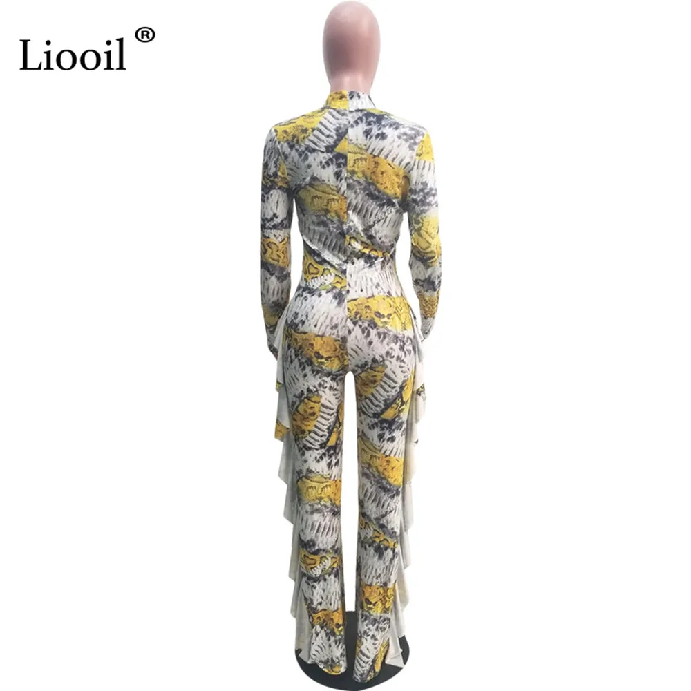 Liooil, сексуальный цельный наряд, змеиный принт, комбинезоны с рюшами,, длинный рукав, водолазка, вечерние, клубный комбинезон, желтый комбинезон, комбинезоны