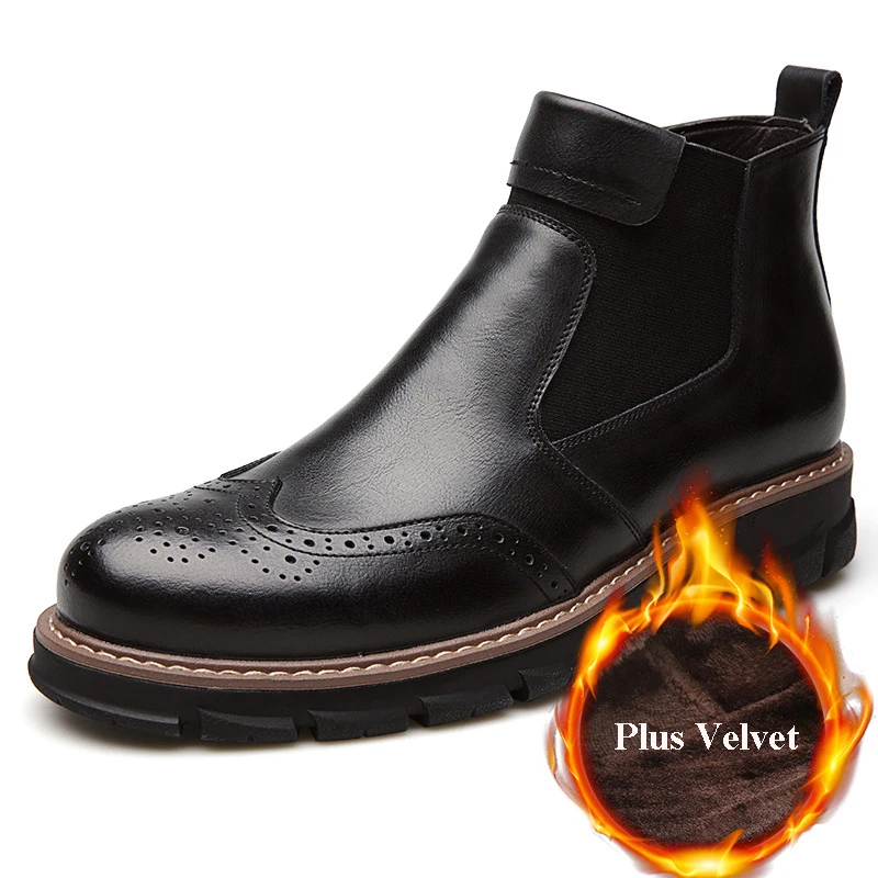 plus velvet Merkmak/ г. Новые зимние ботинки, модные теплые кожаные ботинки без шнуровки Нескользящая износостойкая повседневная обувь мотоботы большого размера - Цвет: plus velvet