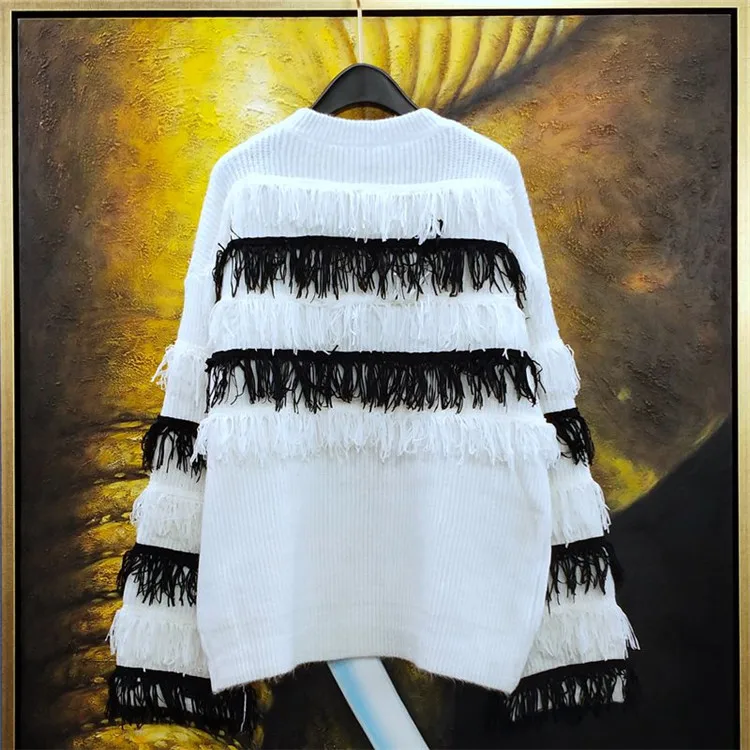 Осень-зима Новая мода корейский плащ с капюшоном, свитер Для женщин Черный и белый Свитер в полоску размера плюс Для женщин свитер