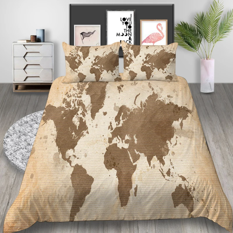 Thumbedding World Map Bedding Set King Size Retro Classic Duvet Cover Queen Brown Twin Full Single Double Unique Design Bed | Дом и сад