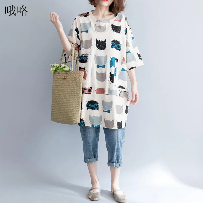 

Cotton Linen Tops Tee Ladies Female Summer Women Fashion Cute Cat Print Plus Large Oversized Loose T shirt Tshirt 5XL