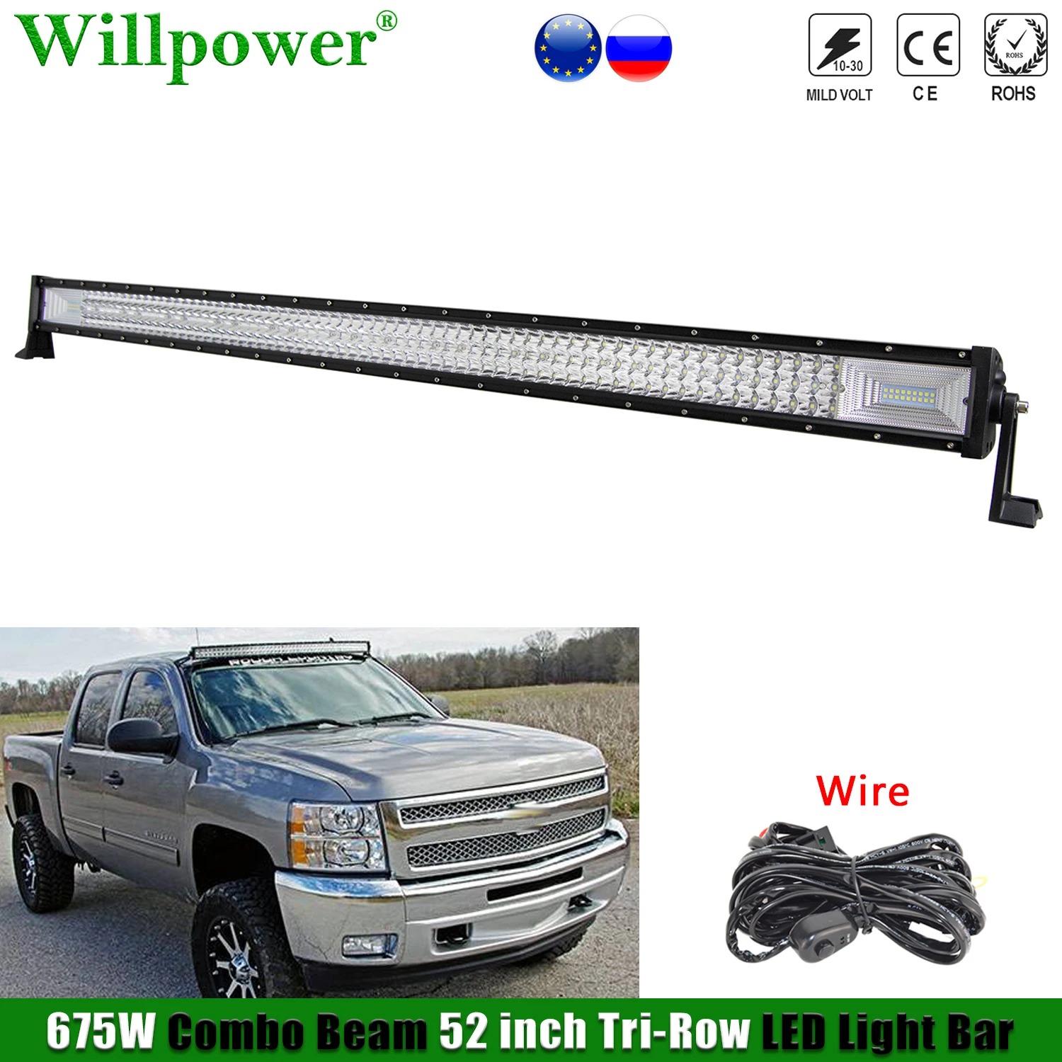 Offroad Car Roof 3 Row 675W 52 LED Light Bar For Jeep Wrangler