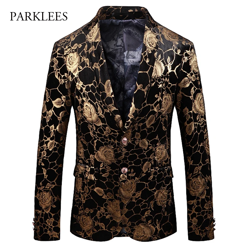 Gold Peony Bronzing Men's Suit Coat Luxury Slim Fit Single Breasted Suit Blazers Casual Punk Wedding Dress Chaqueta Hombre