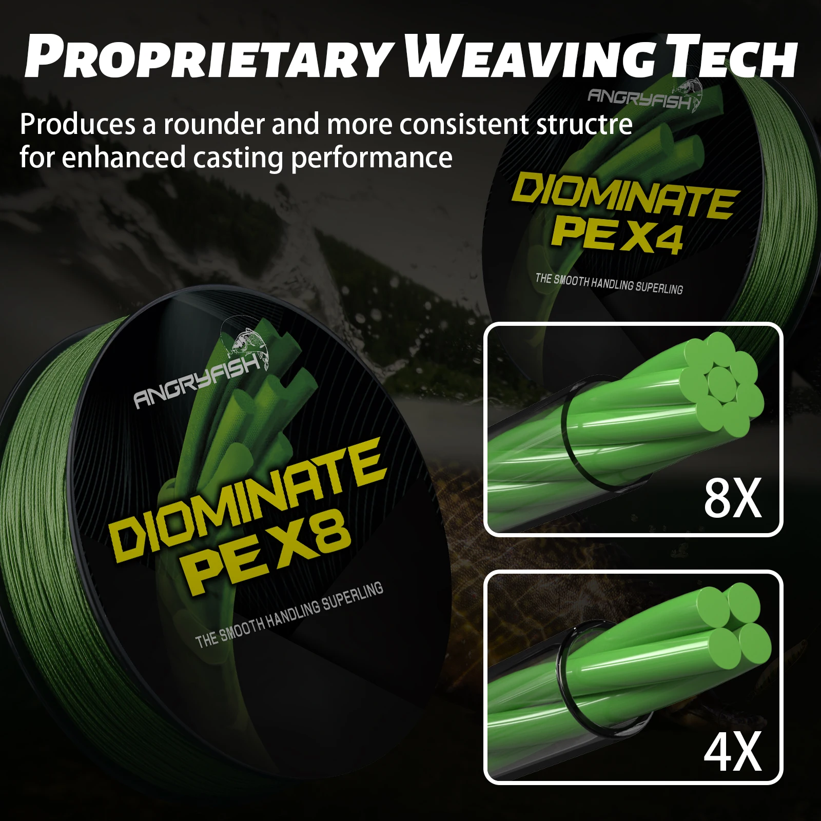 Angryfish Diominate PE X8 Fishing Line 327YDS/300M 8 Strands Braided Fishing Line Multifilament PE 18 20 30 40 50 80LB fishing line,fishing tackle