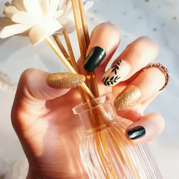 

24Pcs Finger False Nails With design for Women Girl Full Nail Tips artificial nails Dark Green hybrid nail Acrylic Fake Nail
