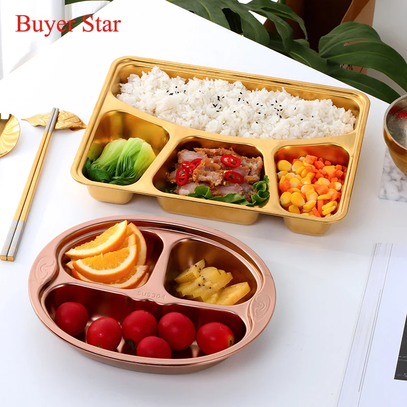 

Stainless Steel Canteen Plate Food Containers Dining Hall Tray With Compartments and Lid Lunch Box Restaurant Buffet Tableware