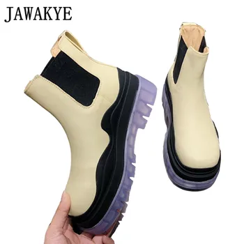 

Genuine Leather Jelly Sole Chelsea Boots Flat Transparent Platform Elastic Ankle Boots women chunky boots Winter Combat Shoes