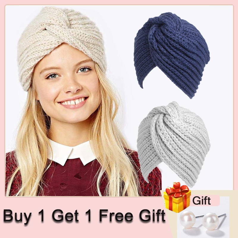 

Muslim Indian Wool Knitted Hats for Women Solid Casual Cross Beanies Keep Warm Winter Head Wrap Hijab Bohemia Bonnet Turban Caps