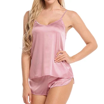 

Women Sleepwear Pyjama Sets Sleeveless Strap Trim Satin Cami Top Nightwear Femme Sexy Summer Home Wear Sleep Wears