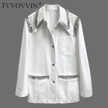 

TVVOVVIN Patchwork Women Coat Diamond White Denim Coats Jackets Women Vintage Casual White Jean Coats 2020 New Fashion Tops IRI3