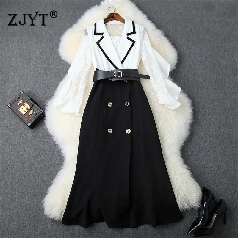 

Elegant Lady Runway Designer Autumn Dress Woman Clothes Butterfly Sleeve Lace Patchwork Belted Midi Trumpet Sexy Party Dresses