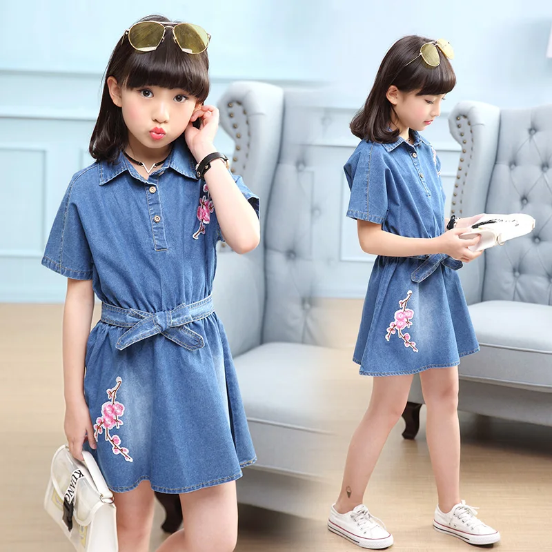 

Summer flower print Girls Jeans Dress 2019 New Casual Kids Dresses for Girls Clothing Jeans dress 5 6 9 Years Clothes DX3061