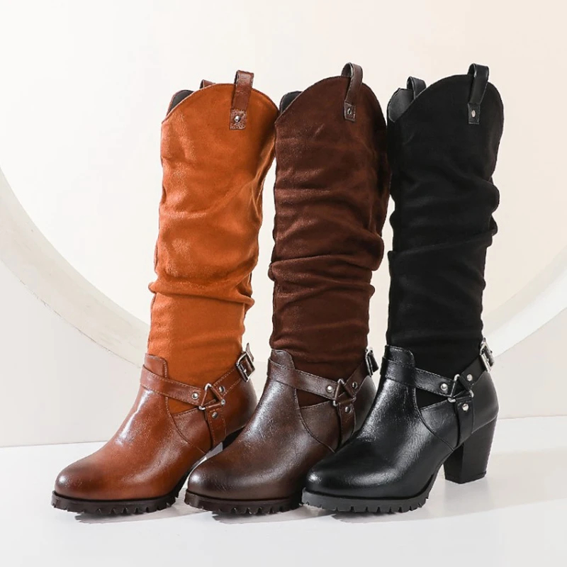 

Женские сапоги в стиле ретро, теплые ковбойские сапоги до середины икры, на толстом высоком каблуке, обувь больших размеров 34-48, Осень-зима