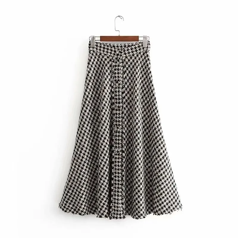 Женская твидовая юбка с высокой талией трапециевидной формы длинная юбка в клетку осенние винтажные сплит юбки с узором «Хаундстут»