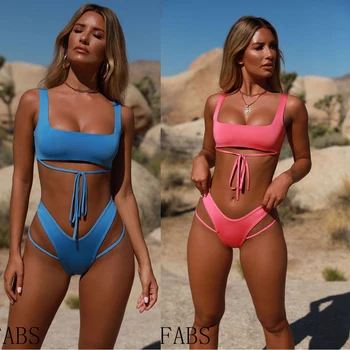 

Hirigin 2020 New Thong Bikini Women Bandage Biquini Swimwear Swimsuit Push Up Padded Pure Swimsuit Summer Bathing Suit Monokini