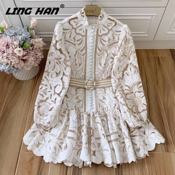 

LINGHAN Fashion Embroidery Linen Dress Women's Sexy Hollow Out Puff Sleeve Elegant party dresses Designer Spring Summer New