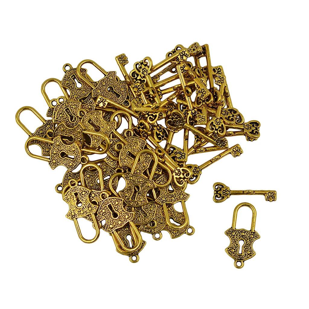 30 Set Of Vintage Key And Padlock Connector Alloy Clasps For Jewelry Creation Crafts - Antique Gold