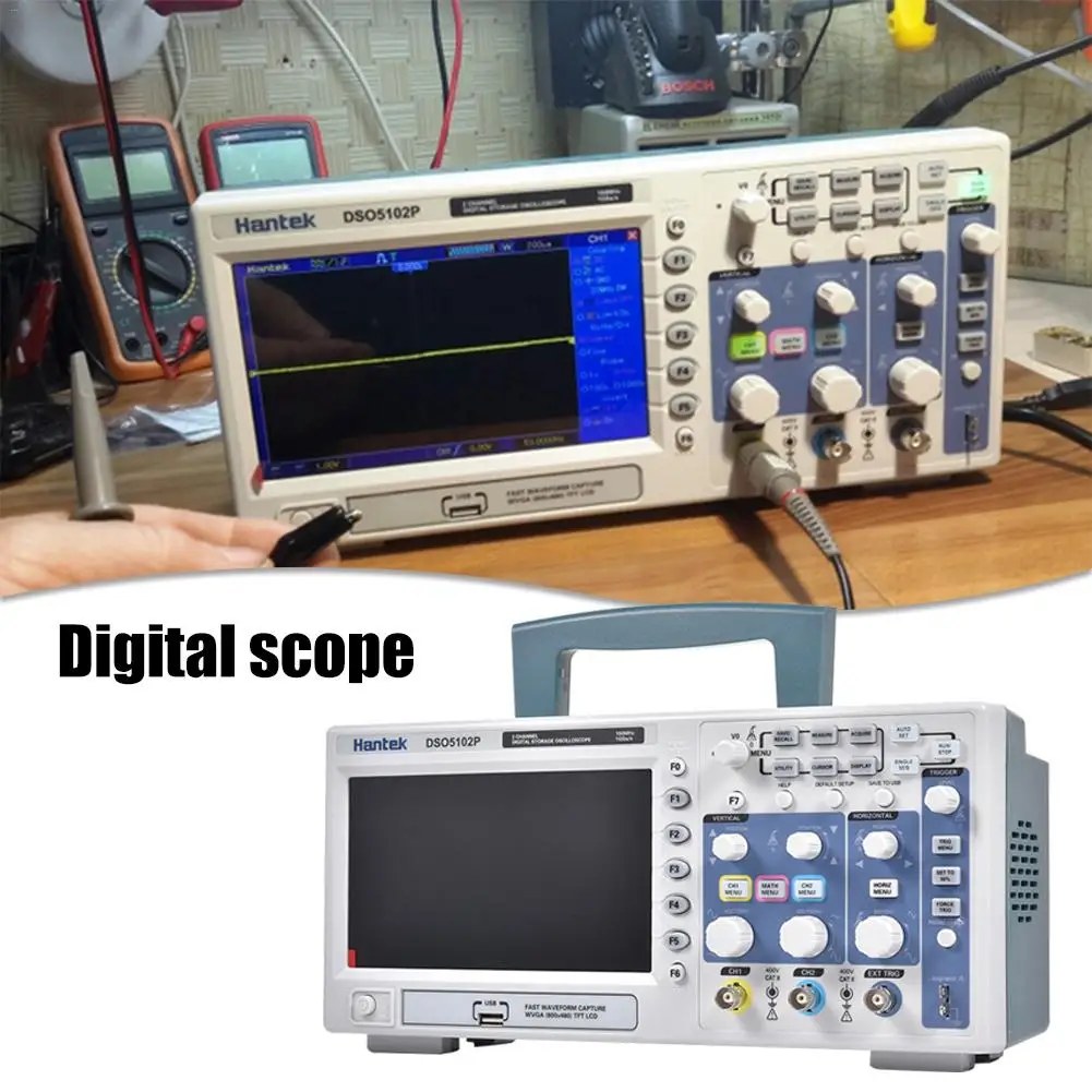 Для Hantek DSO5102P цифровой осциллограф " Цвет Дисплей 40K запись 100 МГц Портативный USB питания переменного тока для хранения Портативный Виртуальный Осциллограф 2 канала