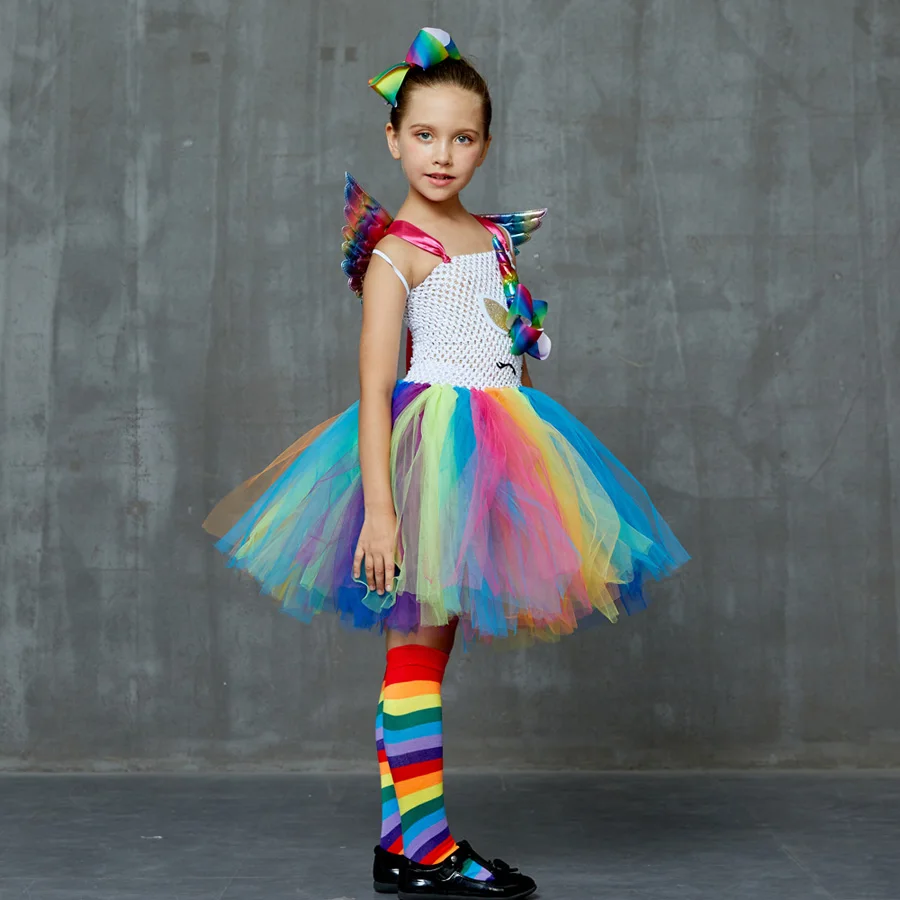 Unicorn Princess Costume Girls Rainbow Tutu Dress Set with Wings and Socks for Kids Birthday Halloween Party Tulle Dress (9)
