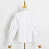 Casual Patchwork Feather Blouse For Women Lapel Lantern Sleeve White Solid Shirt Female Fashion  4