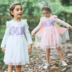 Осеннее платье для девочек платье с длинными рукавами и единорогом для девочек на Хэллоуин фатиновый Кружевной Костюм Ангела платье для