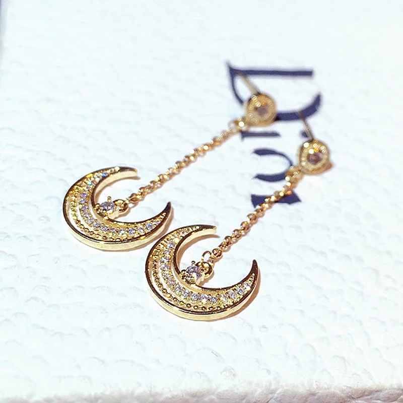 Luxury Elegant Shine Rhinestone Moon Earring for Women Feminia AAA Cubic Zirconia Drop Earrings Fine Jewelry Pendant Gift