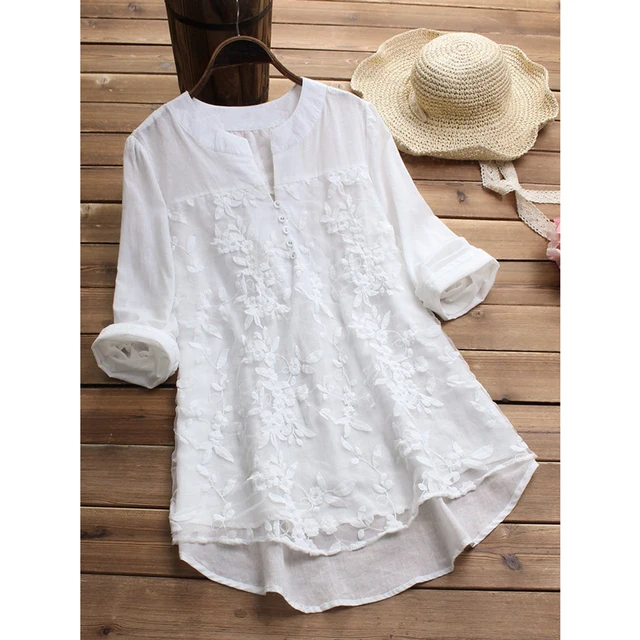 US $6.60 Embroidery Women's White Blouse Casual Plus Size Tops Elegant V-Neck Long Sleeve Tunic Summer Autum