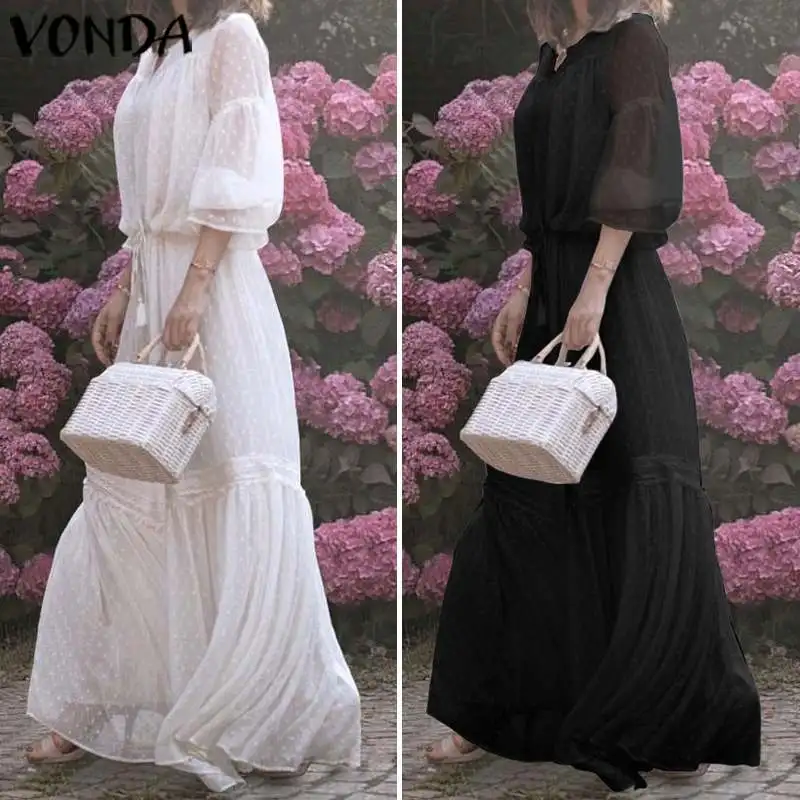 VONDA, богемное платье, сексуальное, в горошек, с принтом, макси, длинное платье, лето, сарафан с расклешенными рукавами, открытая, элегантная, офисная, для девушек, Vestido S-5XL
