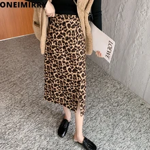 Oneimirry Leopard Print Skirts Women Korean Harajuku Midi Skirt Sexy Split Slim Lady Streetwear Straight Faldas Mujer Moda 2021