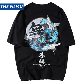 

Crane Print T Shirts Mens Hip Hop T-Shirt Chinese Character Casual Tops Tees 2020 Summer Harajuku Streetwear Tshirt Black WO249