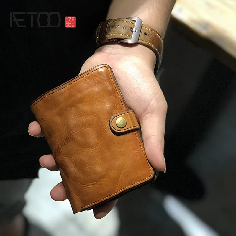 Мужской кожаный короткий кошелек AETOO винтажный маленький ручной работы для