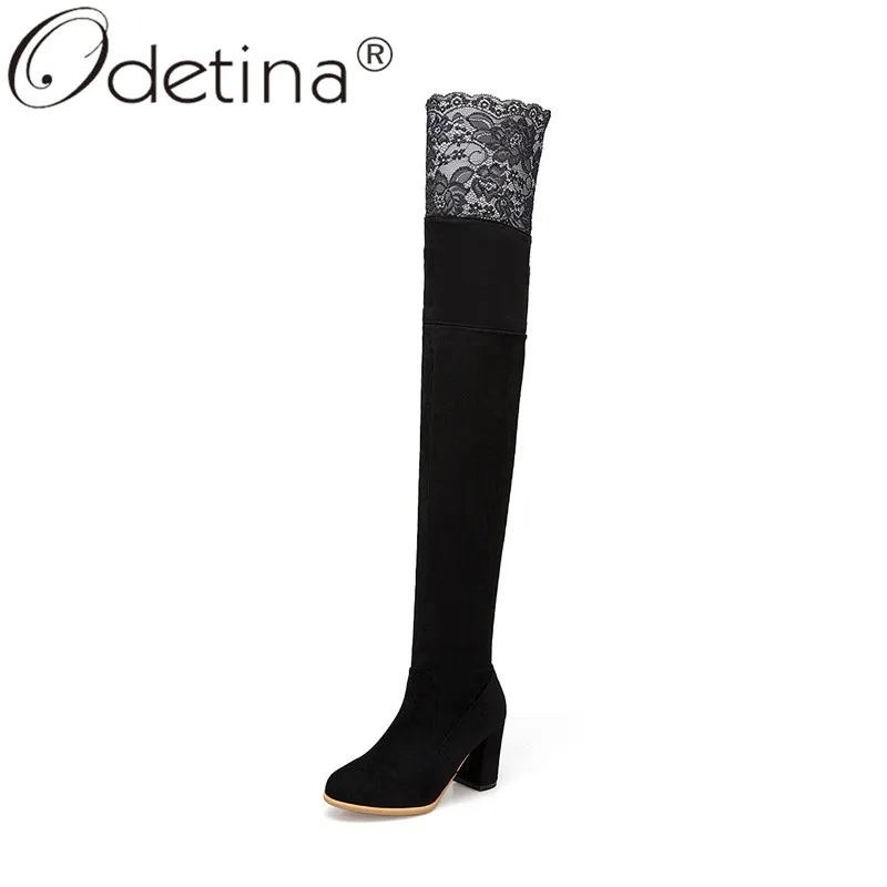 Odetina/новые женские высокие сапоги из искусственной замши на высоком блочном