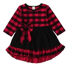 Милое рождественское нарядное платье для маленьких девочек От 1 до 6 лет красное платье трапециевидной формы до колена с длинными рукавами и оборками осенняя одежда D20