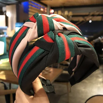 

Women's Sports Fashion Style Green-Red Cross-Color Headband Knotted Hoop British Academy Style Striped Wide Edge Hair Band