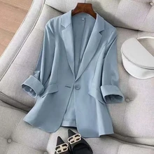 

Blazers Slim Oversized 4XL Three Quarter Sleeves One Piece Suit Outwear Women‘s OL Basic Office Solid Coat Vintage Daily Tops