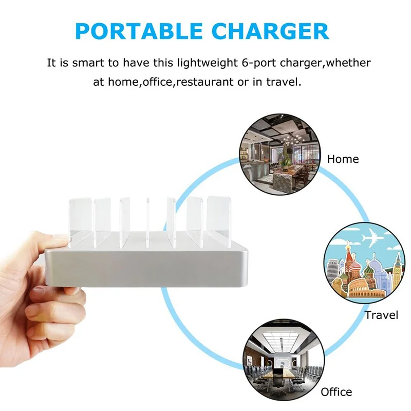 6-Port USB Fast Charger Station With QC3.0 and Watch Holder,Charging Station for Multiple Devices,Tablet,Kindle,Iphone,I pad