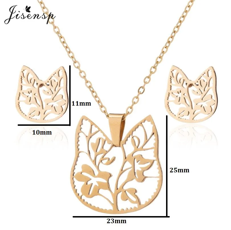 Jisensp Stainless Steel Jewelry Sets Unique Design Cat Flowers Choker Necklace Earrings Fashion Jewelry for Women Party Gift