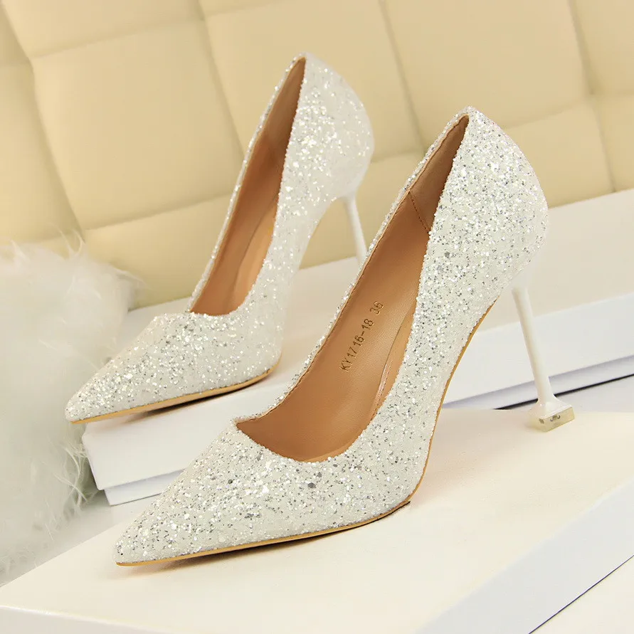 

2018 Women Gold Sliver 9.5cm Super High Heels Breathable Sequins Leather Pointed Toe Pumps Pointed Toe Shoes DS-B0126