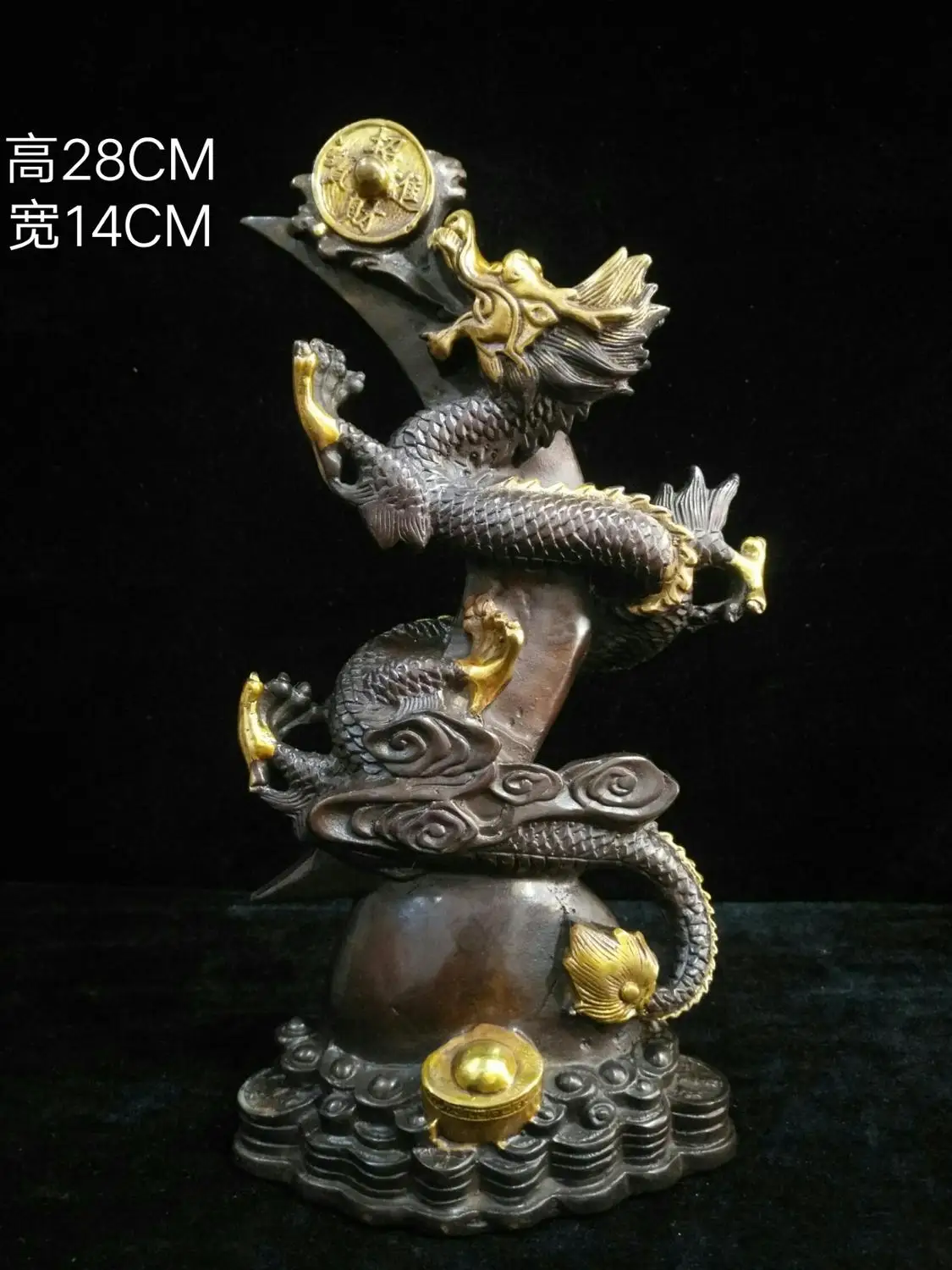 

11" Tibet Buddhism Temple Old bronze Gilt Chinese dragon statue Dragon playing bead statue Implication Business is booming