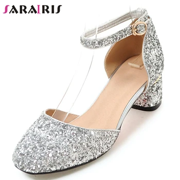 

SARAIRIS For Party Casual Med Heels Sandals Women Elegant Shallow Sandals Ladies Summer Fashion Shining Glitters Shoes