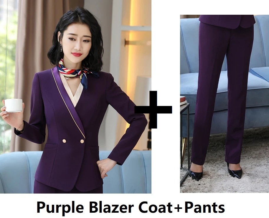 Purple Формальные униформы конструкции брючные костюмы с 2 шт. набор брюки и куртки пальто для женщин Бизнес Рабочая одежда Костюмы профессиональные блейзеры - Цвет: Purple