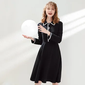 

2019 fall new brand women's lapel lapel slicing woven a-word skirt temperament light long-sleeved dress dress women