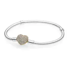 925 пробы серебристого и золотистого цвета с застежкой в виде сердца с кристаллом Pan браслет подходит для бисера Шарм Diy Европа ювелирные изделия