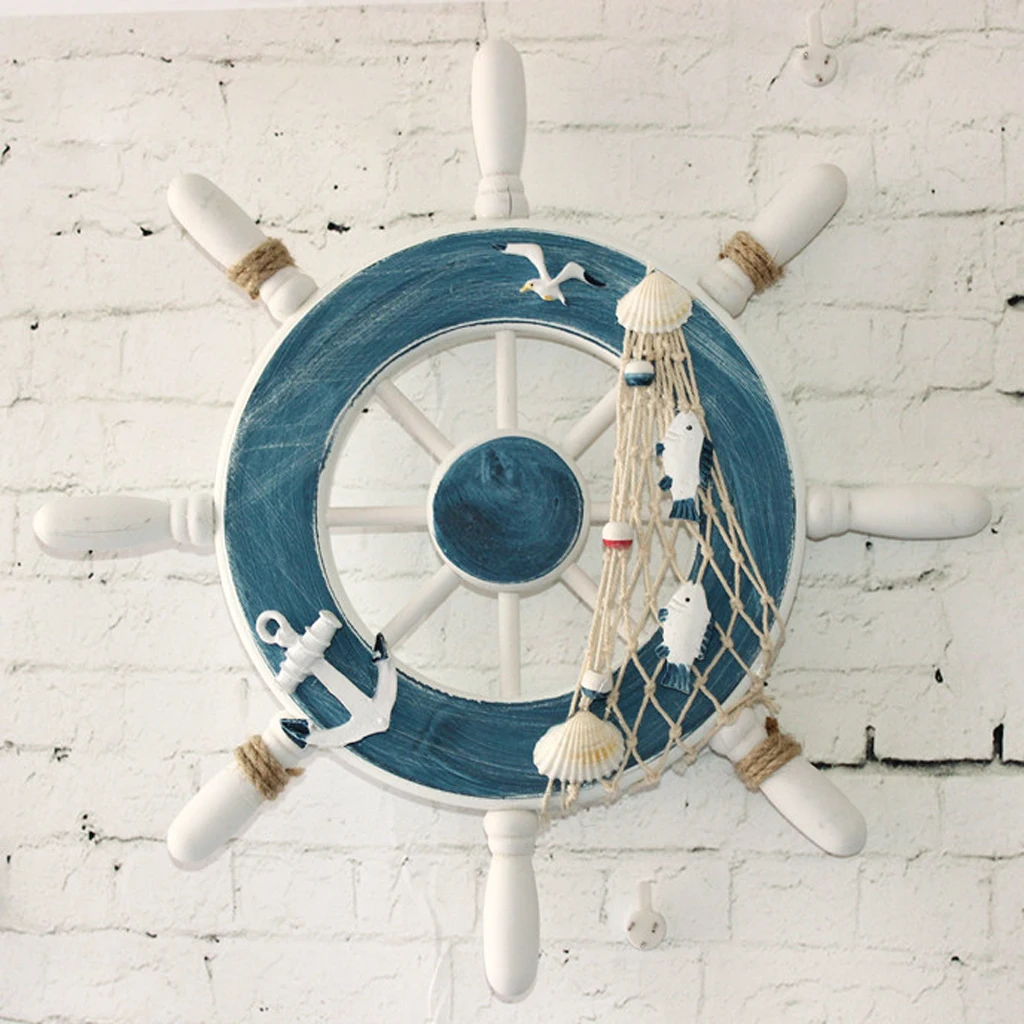 Wood Ship Wheel Nautical Seaside Wall Hanging Hook Nautical Door Plaque Signs for Home Garden Room Wall Decor Cafe Shop Ornament