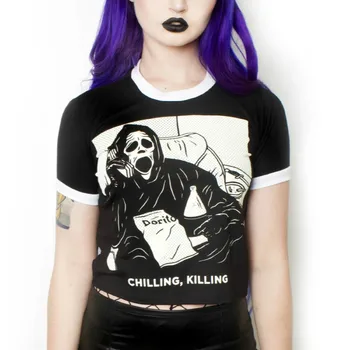 

Women Crop Top T shirt Gothic Punk Horror Movie Death Tee for Girl Party Tshirt Clothes Casual Streetwear Short Clothing Grunge